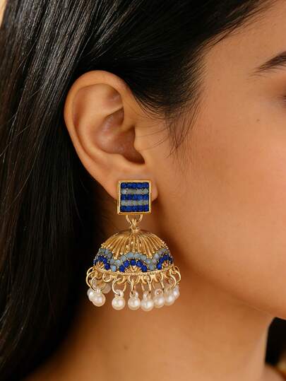 1pair Elegant Vintage Style Colored Rhinestone Inlaid Earrings,Faux Pearl Pendant Tassel Charms Ear Jewelry Suitable For Women's Daily Wear,Festivals,Weddings Women Gifts