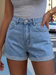 Women's Fashionable Minimalist Classic Mid-Waist Washed Denim Cuffed Shorts - Light Wash - View 5