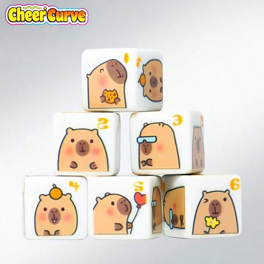 6pcs Of Capybara Dice |D6 Dice With The Cute Capybara Number Printed On Them - White - View 1