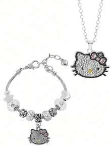 Bộ 2 món, Dây chuyền + Vòng tay, Bộ trang sức Hello Kitty hoạt hình dễ thương, Vòng tay hợp kim kẽm đính pha lê lấp lánh, Phụ kiện thời trang, Bao gồm dây chuyền và vòng tay, Thích hợp để đeo hàng ngày và làm quà tặng, Hoàn hảo cho Ngày Valentine. - Nhiều màu - Xem 14