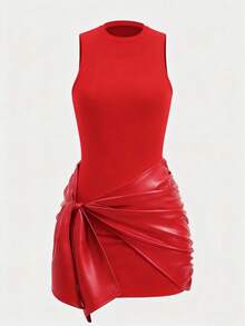 女士纯色无袖迷你连衣裙+前系带PU装饰两件套，纯色优雅打结荷叶边夏季 - 紅色 - 查看 1