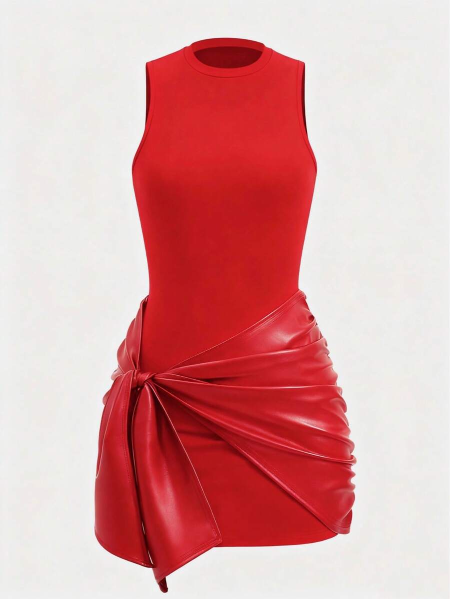 女士纯色无袖迷你连衣裙+前系带PU装饰两件套，纯色优雅打结荷叶边夏季 - 紅色 - 查看 1
