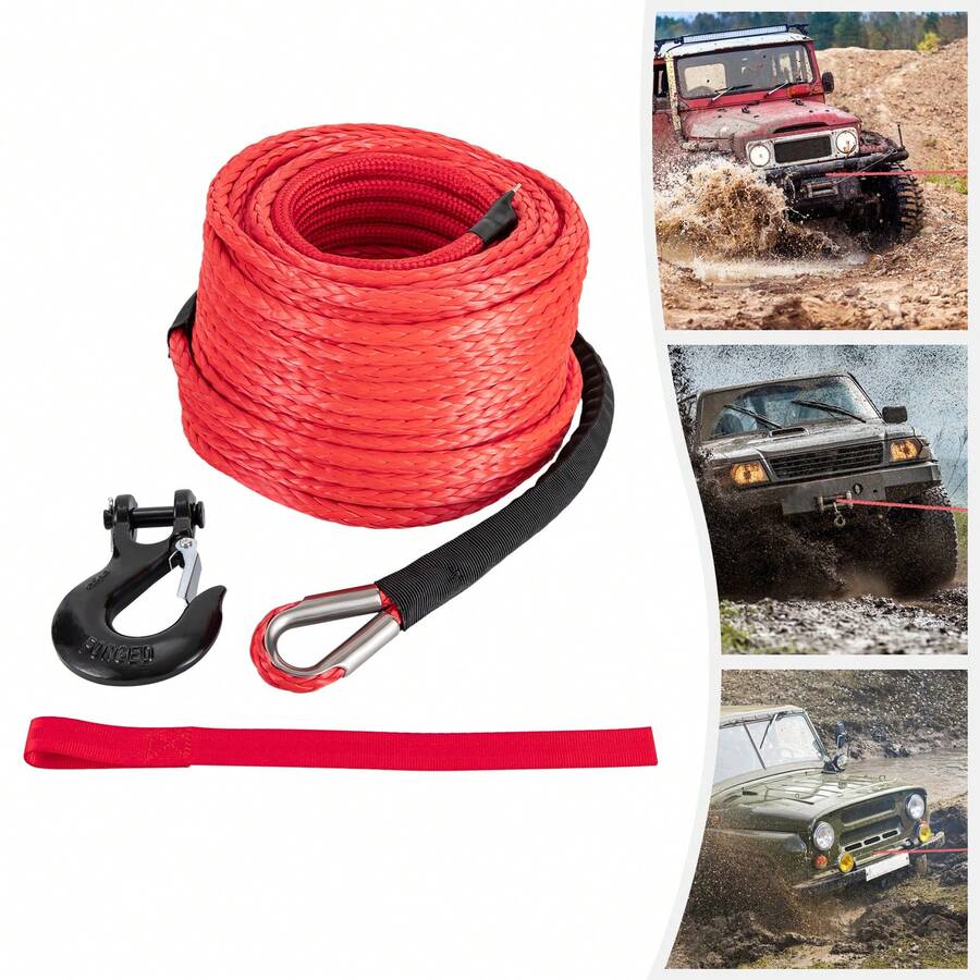 100ft X 3/8" Synthetic Winch Rope 23809LBS Breaking Strength Red Polyethylene Rope With Stainless Steel Hook - Red - View 1