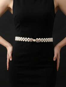Women's Rhinestone Pearl Waist Chain Flower Buckle Belt Elegant Dress Decoration For Wedding And Party - C - 查看 4