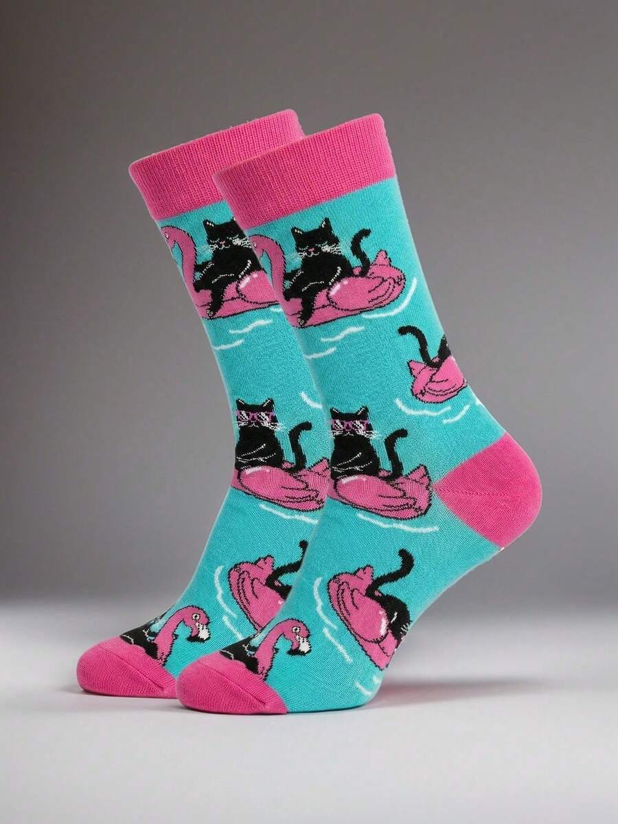 1双黑色猫咪和火烈鸟游泳图案男士中筒袜，春夏款 - 淺藍色 - 查看 1