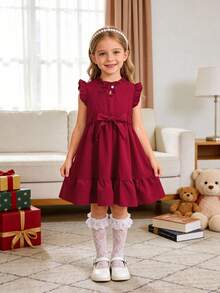 Girls' Burgundy French Style Mini Dress, Ruffle Stand Collar Front Tie, Cap Sleeve Waist Bow, Ruffle Hem A-Line Skirt - Burgundy - View 1