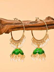 1pair Fashionable Faux Pearl Jhumka Earrings,Big Hoop With Beads Pendant Jewelry Suitable For Women's Daily,Wedding, Banquet, Party Wear/As Festive Gift - Pendants - View 7