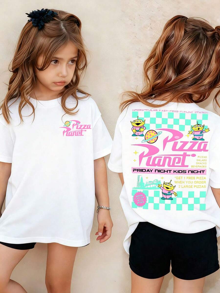 Disney-Sweet Girl Vibe! Toy Story 3 E.T. Pizza Planet Girls T-Shirt With Pink And Green Color-Blocked Checkered Print, Pure Cotton Loose Short-Sleeved Top - White - View 1