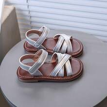 1双银色女童平底凉鞋，露趾舒适百搭魔术贴沙滩鞋，儿童鞋履 - 銀色 - 查看 5