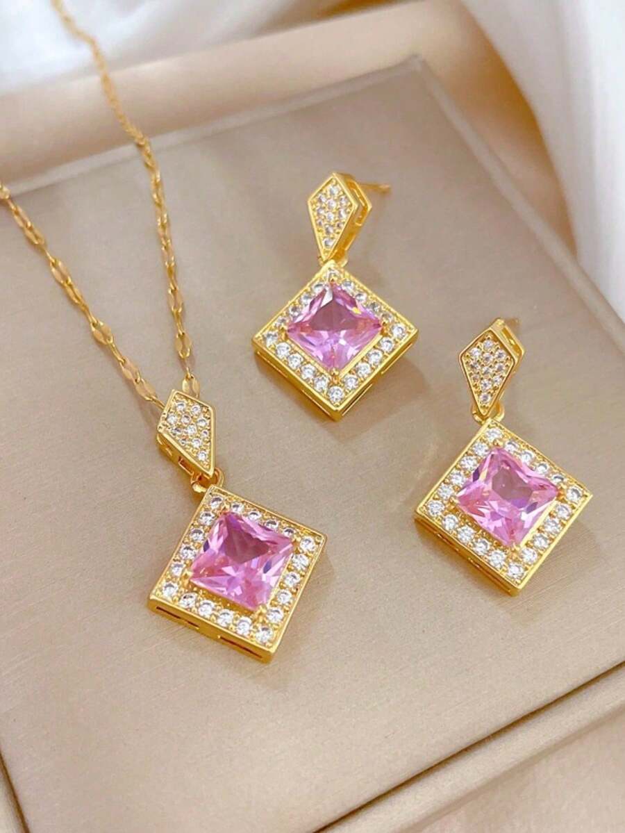 Fashionable Bestselling Square Pendant Necklace And Earrings Jewelry Set For Women - Pink - View 1