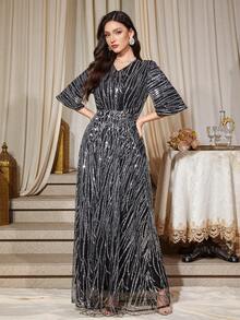 Women's V-Neck Sequin Long Party Dress & A-Line Ball Gown - Black - View 2