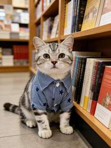 宠物服装，猫狗服装，宠物春季透气衬衫，蓝白条纹星形图案，适合猫狗的休闲衬衫 - 藍色 - 查看 3