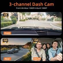 Triple Dash Cam 4K Front & 1080P Rear/Interior, 3 Channel Car Camera With 32GB Card, IR Night Vision, 24/7 Parking Surveillance, G-Sensor, Loop Recording, For Cars, Trucks - Dash Cam +32G SD Card - 查看 6