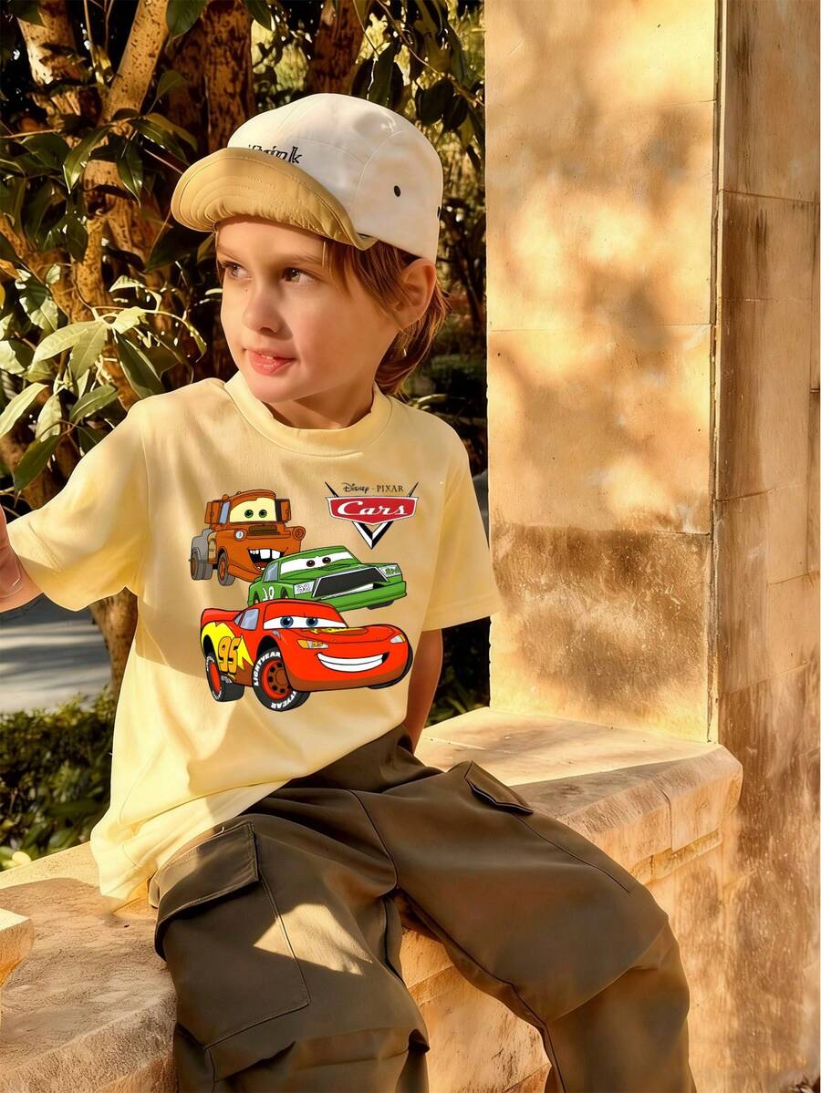 Disney Background Cars Lightning McQueen Mater And Ramone Print Kids' Short Sleeve T-Shirt - Playful And Cute Racing Style Top - 杏色 - 查看 1