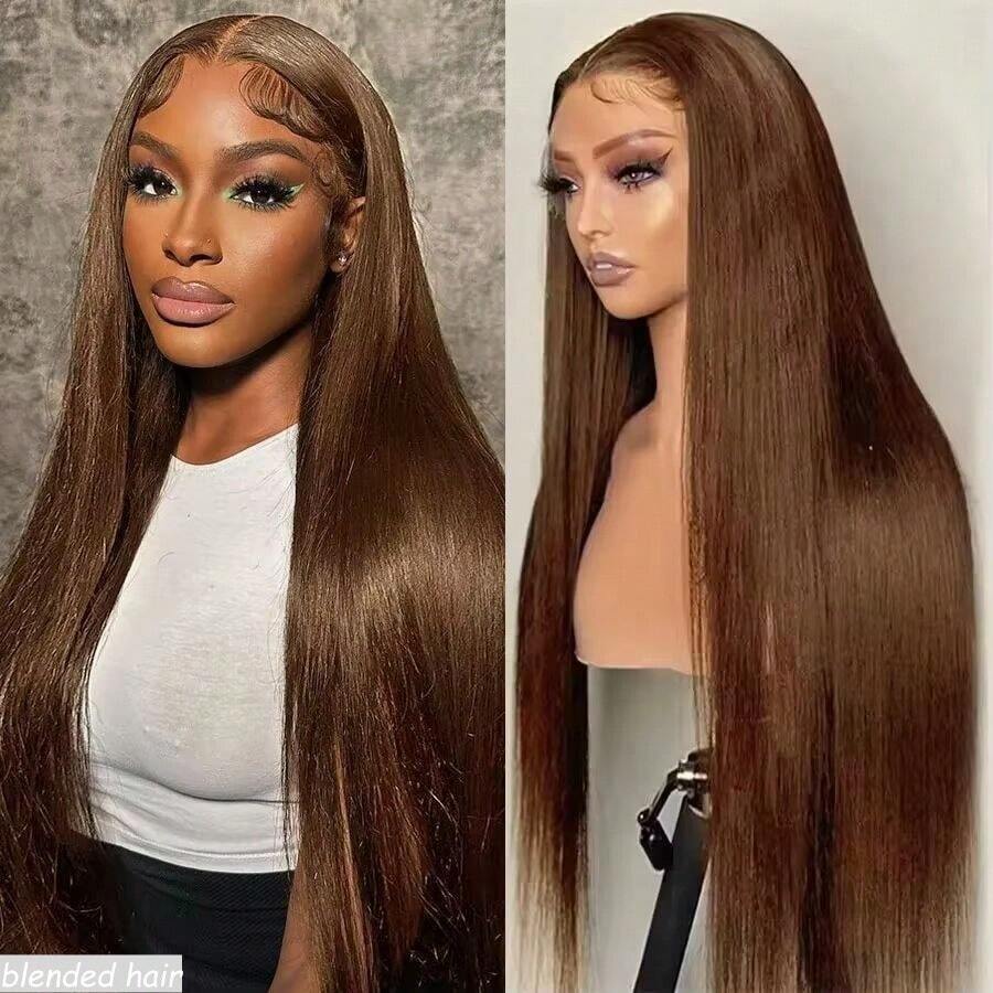 34 Inch 180% Density Instant Wear No Glue Wig, Human Hair Blend, Pre-Plucked, Pre-Cut, 13x4 Lace Front Wig, Human Hair Blend, Lace Front Closure, Instant Wear, 180% Density, Straight, Brown, 10-36 Inch - Brown - View 1