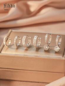 Hihho 6 件套优雅蓝宝石蓝色闪亮方晶锆石镶嵌经典双环吊坠耳环，女士珠宝礼品套装，适合约会、情人节礼物、妈妈、母亲、母亲节、礼物 - 銀色 - 查看 7