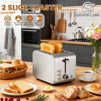 SUPERLEX 2-Slice Stainless Steel Toaster, 850W Fast Heating, Warm Up/Defrost/Cancel/Reheat Functions, LED Indicator 7-Speed Adjustment, Removable Crumb Tray For Easy Cleaning, Stainless Steel Material,Silver.