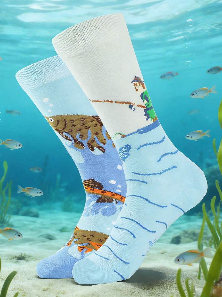 1 Pair Men's Fishing Grandpa Socks, Casual Versatile Socks For Spring/Summer - Multicolor - View 1