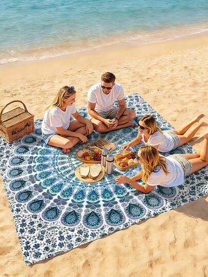 1 pieza Nuevo Mantel/Toalla de playa impresa digitalmente a prueba de agua y arena para uso al aire libre, con un patrón de moda y fresco, adecuado para campamentos y picnics al aire libre (peso de tela 100g)