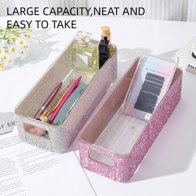 1pc Rhinestone Eyelash Extension Storage Box, Multifunctional Eyelash Display Case, Transparent Eyelash Organizer, Jewelry Box, Makeup Brush Holder, Perfume Storage Box, Cosmetic Bag, Great Gift For Women, Valentine's Day
