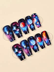 24-Piece Set Of Long, Adhesive Press-On Nails, Fashionable Artificial Nails With A Starry Sky Pattern, Glossy Finish, Suitable For Women And Girls. - Multicolor - View 2