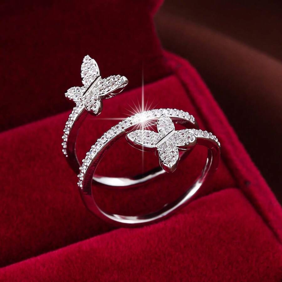 1pc Elegant Butterfly Design Zirconia Inlaid Adjustable Open Ring For Women - Multicolor - View 1