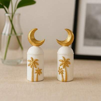 Set Of Two Creative Ramadan Home Decor Collectibles, Hand-Painted Resin Art Pieces For Eid, Suitable For Living Room Or Study Display
