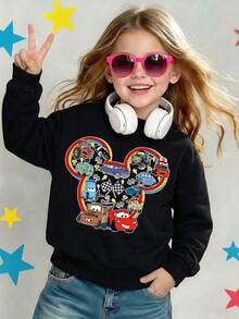 Disney Cars Lightning McQueen Mickey Silhouette Racing Checkered Flag Boys Comfortable Print Young Girls' Long Sleeve Sweatshirt, Suitable For Autumn/Winter, Lightweight And Cozy, Great For Layering In Fall, Fashionable Casual Wear, Graphic Design, Back To School Season, Autumn, Back To School Party, Suitable For Outdoor Picnic, Street Photography, Home, Campus, Holidays, New Year Gift - Black - View 2