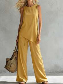 Bộ đồ mùa hè tối giản dành cho nữ, màu trơn, kiểu dáng thường ngày, quần ống rộng xếp ly, áo không tay vạt lệch, gồm 2 món, thích hợp cho thời gian rảnh rỗi và đi làm. - Màu vàng - Xem 4