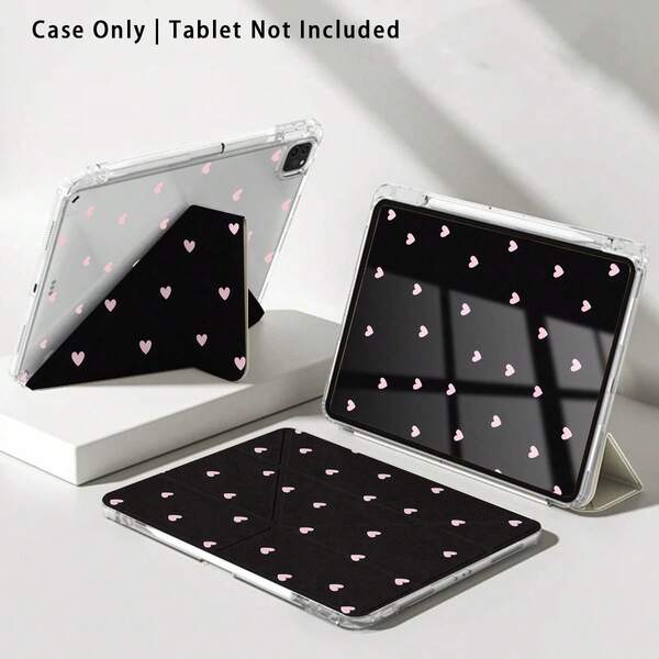 1pc Dark-Toned Pink Heart Acrylic Crystal Flat Tablet Protective Case With Stand, Compatible With Samsung, Honor, Apple And Other Brands, Foldable Anti-Bend Design, Silicone Reinforced Corners, Auto Wake/Sleep Function, Built-In Pen Slot, Multi-Angle Adjustable Stand - Perfect Daily Protection, Ideal Gift