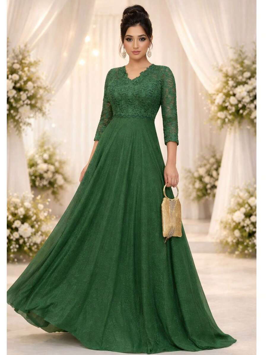 Long Dress For Bridesmaid, Mother Of The Bride/Groom, Discreet, Evangelical, With Lace Sleeves, Size 3.4 - 深橄欖色 - 查看 1