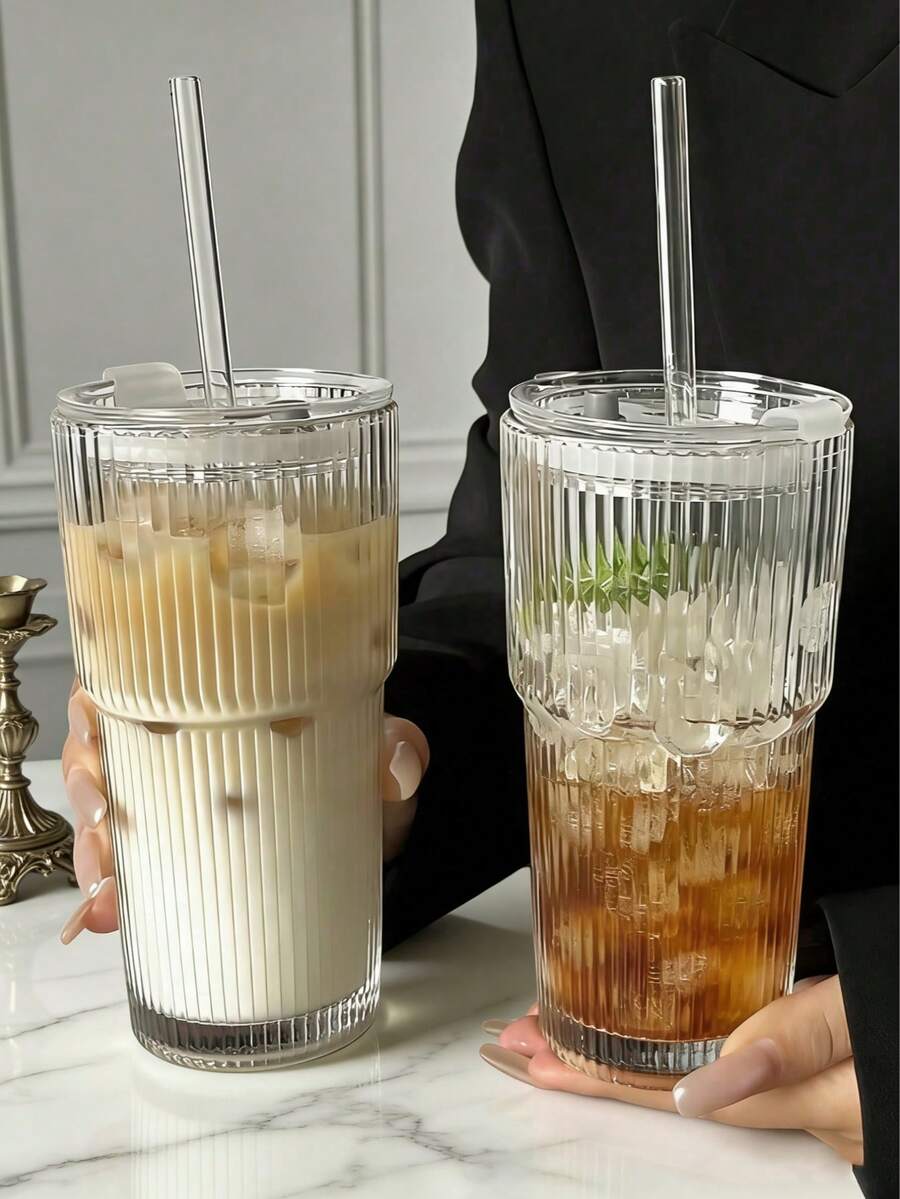 1 cană de apă portabilă din sticlă cu dungi (400 ml/600 ml) - cu pai și capac, căni de cafea și suc de înaltă calitate, recipient multifuncțional pentru băuturi, perfectă pentru acasă, birou, călătorii, exterior, bar, plajă, diverse întâlniri, potrivită pentru cafea, ceai, whisky, lapte, băuturi Ice Town American și Latte, căni de băut, sticle de apă, căni, căni de apă pentru acasă și birou, cadouri pentru femei, cadouri pentru bărbați, cadouri pentru familie.