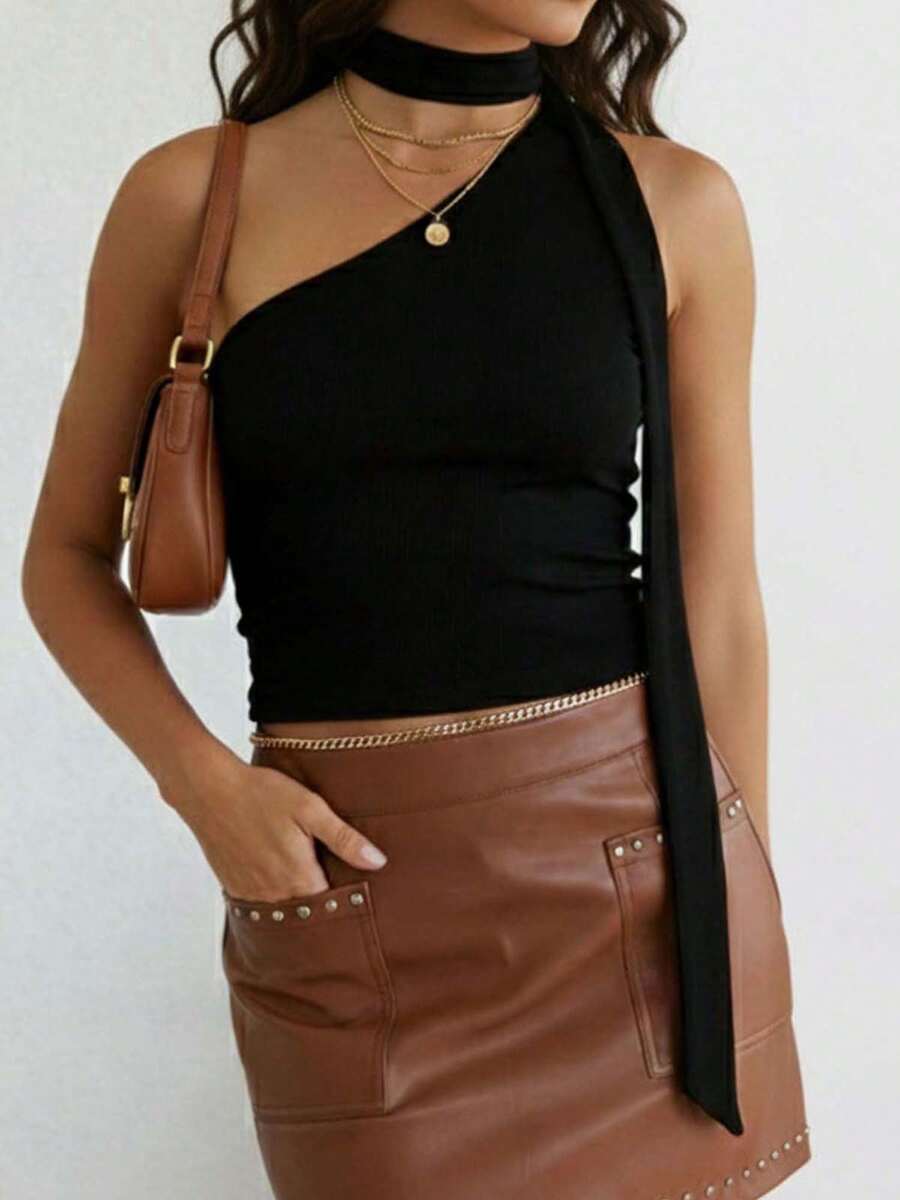 Chaleco de verano para mujer, sin mangas, con cuello halter, de un solo hombro, con estampado floral/de lunares y colores sólidos - Negro - Ver 1