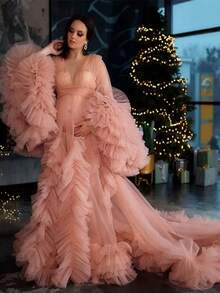 Elegant Maternity Dress Size XS S M L XL 2XL 3XL 4XL For Photoshoot Photography Mesh Fabric Knot Ruffle Hem Wedding Summer Fall Spring Winter Ruffles Long Sleeves Kimono Pregnant Gowns For Photoshoot Plus Size Gift For Valentine Day - Màu Hồng Tươi - Xem 5