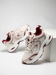 女士圆头系带厚底学生休闲舒适跑步运动鞋 - 紅色 - 查看 1