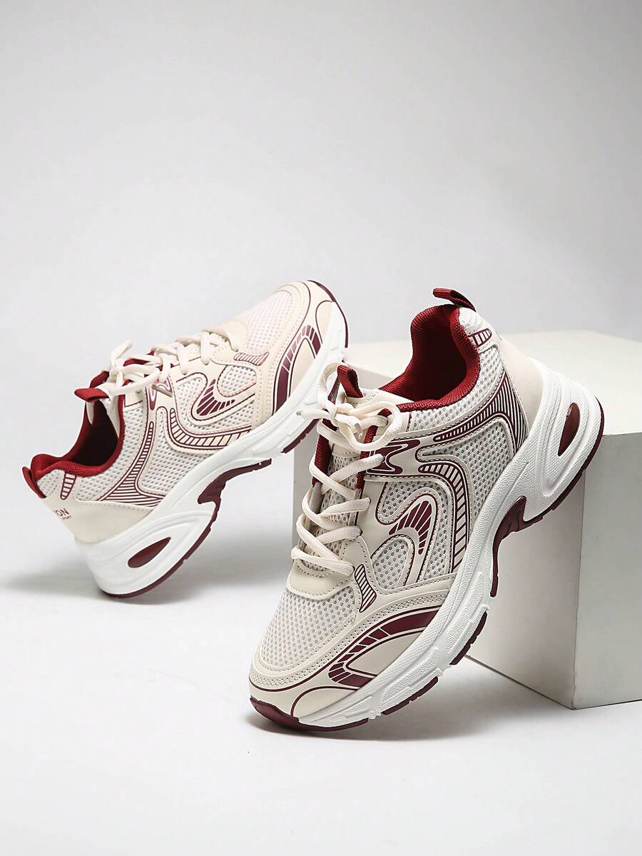 女士圆头系带厚底学生休闲舒适跑步运动鞋 - 紅色 - 查看 1