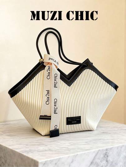 New Stylish Versatile Color-Block Design, Grooved Design, Large-Capacity Double-Handle Shoulder And Handbag, Suitable For Travel, Shopping, And Commuting To Work, Adorned With Scarf Patterns, Elegant Women's Wallet, Business Commuter Wallet