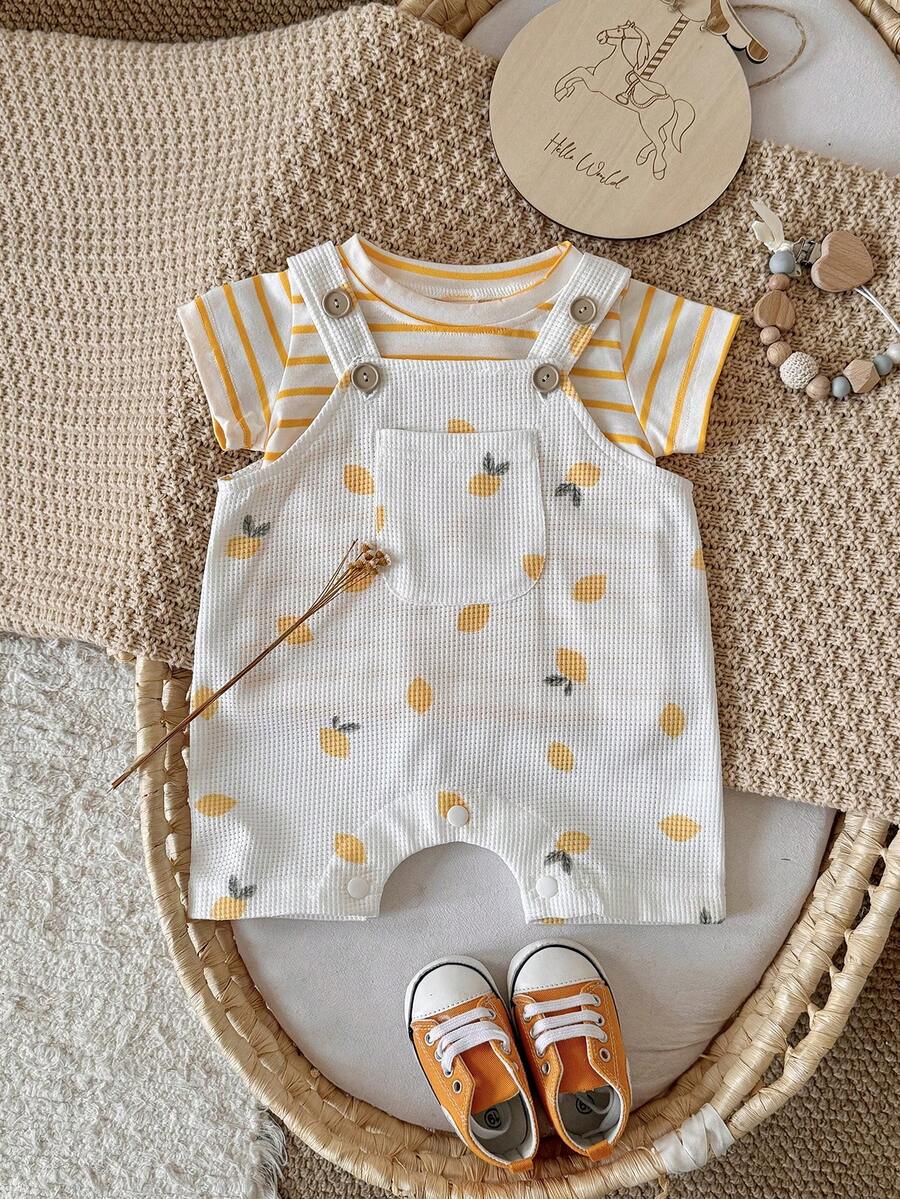 2pcs/Set Newborn Baby Boys/Girls Casual Cute Lemon Print Plaid Romper & Striped T-Shirt Set, Spring/Summer