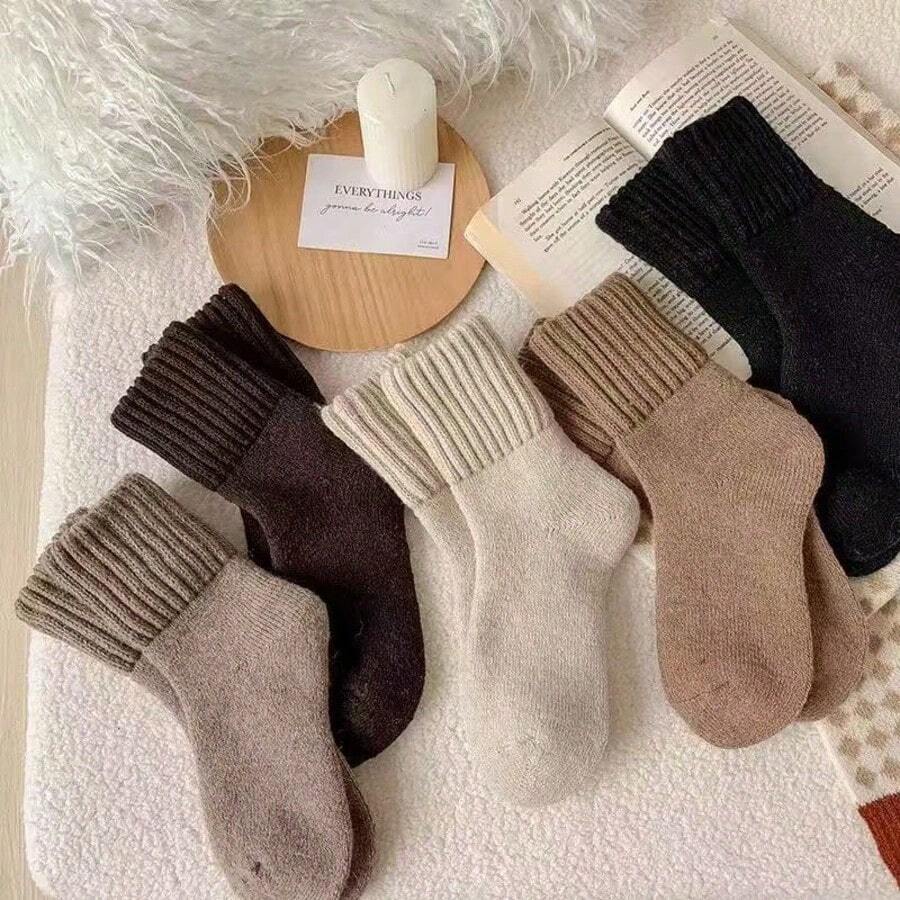 5pairs Women Winter Socks Warm Thick Knit Soft Vintage Casual Crew Socks Fuzzy Socks Knitted Socks For Women - 無模 - 查看 1