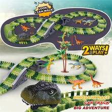 Conjunto de pista de carreras de dinosaurios para niños, pista flexible con coches de dinosaurios y modelos de animales móviles, juguete de construcción 2 en 1 - regalo ideal para Año Nuevo/cumpleaños para niños y niñas - Multicolor - Ver 2