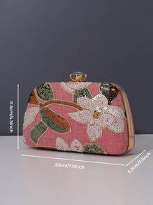 1pc Fashionable Floral Pattern Women's Handbag, Vintage Shiny Sequin Embroidered Flower Chain Evening Bag, Suitable For Party Girls, Brides, Newlyweds, And Office Workers, Parties, Weddings, Mini Box Bag (Random Pattern) - Hot Pink - View 3