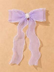 1 pieza Clip para el cabello con mariposa de cinta de malla con perlas falsas y rhinestones, clip de lazo de doble capa para cola de caballo, pinzas para el cabello, pasador, horquilla, accesorios - Púrpura malva - Ver 2