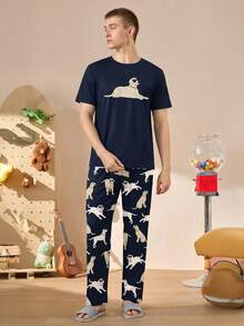 Men's Cute Dog Print Short Sleeve Top And Pants Pajama Set - Navy Blue - View 4