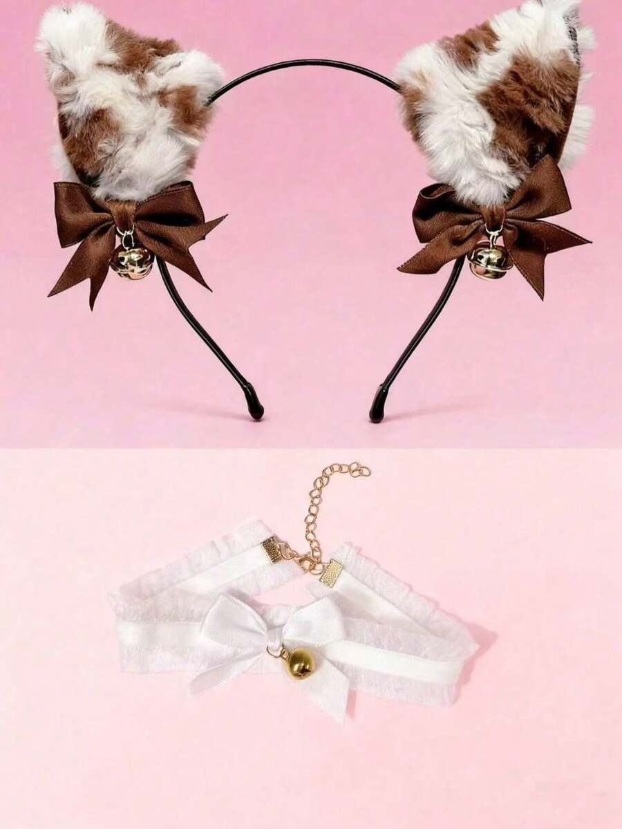 2个猫耳发箍，带铃铛和蝴蝶结，性感服装配饰，派对礼物，情人节礼物，节日装扮（女士款） - 棕色貓耳 - 查看 1