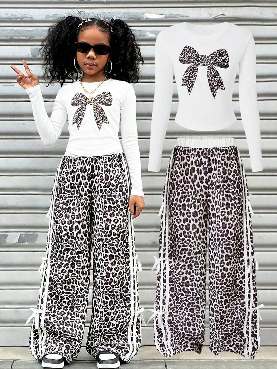 Bộ đồ thể thao 2 mảnh Sparklin Girls họa tiết da báo thoải mái, thời trang, thắt nơ bên hông, gồm quần ống rộng và áo thun dài tay cổ tròn họa tiết nơ, thích hợp cho mùa xuân/đông, phong cách đường phố, đi học, tụ họp, hoạt động ngoài trời, kỳ nghỉ, du lịch và mặc hàng ngày. - trắng - Xem 1