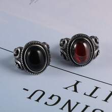 خاتم فضي عتيق من الفولاذ المقاوم للصدأ بحجر أحمر أحادي اللون قطعة واحدة ، ذو نقش زهري مرصع ، أسلوب كلاسيكي رجالي عتيق - SA716 - مشاهدة 11