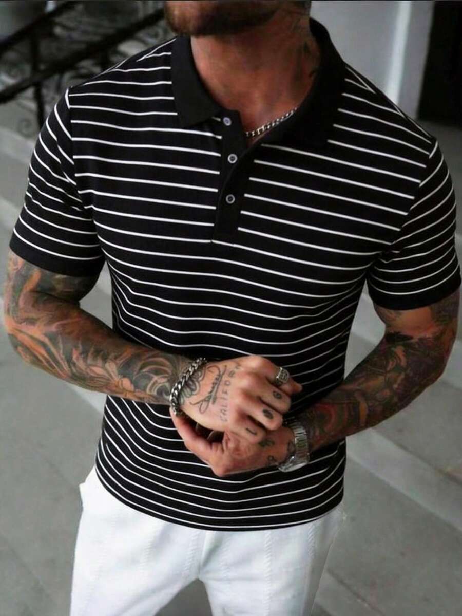 Men's Lightweight Striped Polo Shirt, Casual And Fashionable Minimalist Top For Summer - Black - View 1