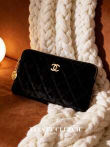 CHANEL Túi đựng mỹ phẩm bằng nhung họa tiết hoa trà, ví đựng tiền xu thời trang và quyến rũ. - màu đen - Xem 7