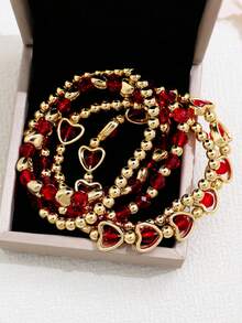 5pcs Vintage Multi-Layer Red Beaded Heart Charm Bracelet Set, Suitable For Women To Wear On Valentine's Day Date, A Gift For Her - Red - View 3