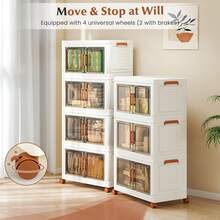 COSTWAY Collapsible Storage Bins With Lids, 3-Pack Stackable Plastic Storage Boxes With Wheels, Foldable Storage Containers Closet Organizer With Front Opening Doors, White - White - View 4